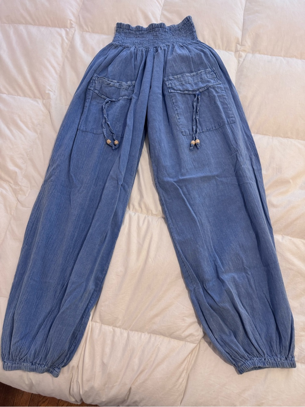 Women’s Blue Smocked-Waist Wide Leg Pants